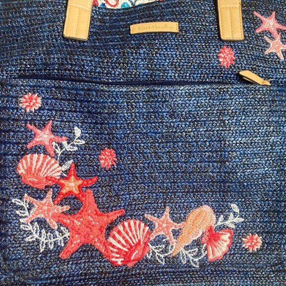 Vera Bradley Large Navy Blue Straw Tote Bag Sea Life Embroidered Seashells Beach - Picture 2 of 3
